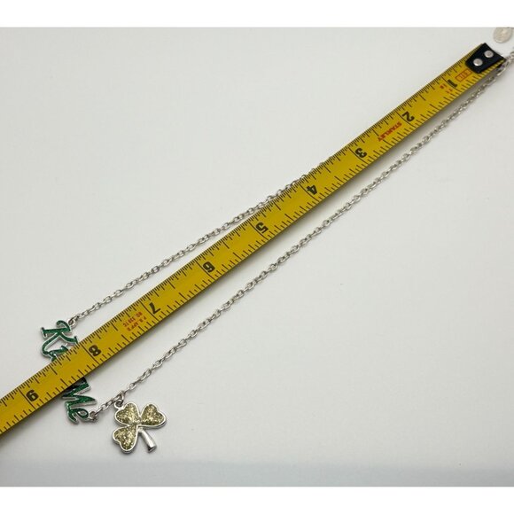 Claires Kiss Me I'm Irish Necklace Silver Tone Green Glitter Shamrock Pendant - Picture 3 of 7